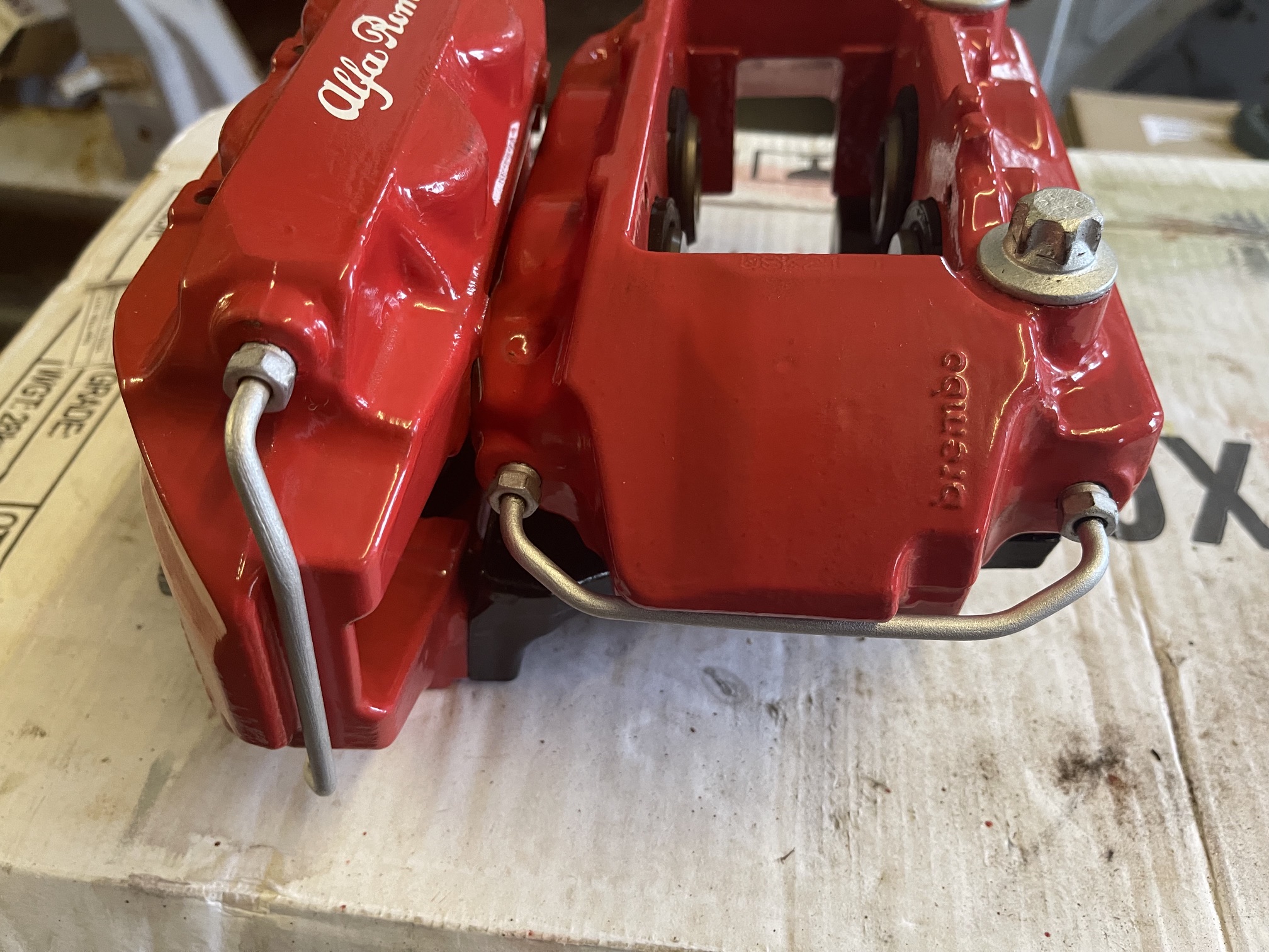 Freshly painted calipers after mechanical refurb